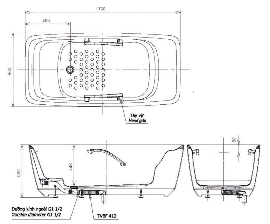 Ảnh 2D của bàn tắm nằm Galato cao cấp PJY1724HPWENGW_TVBF412 Ảnh 2D bồn tắm Galato nằm PJY1724HPWENGW_TVBF412