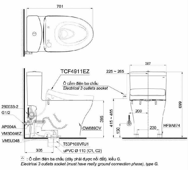 Ảnh thông số bồn cầu nhà vệ sinh một khối kèm nắp rửa bàn cầu điện tử WASHLET Ảnh thông số bồn cầu nhà vệ sinh một khối kèm nắp rửa bàn cầu điện tử công nghệ WASHLET