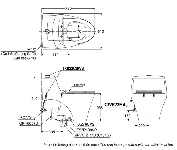 ban-ve-bon-cau-1-khoi-cw823rat8-nap-dong-em-tc600vs bản vẽ bồn cầu 1 khối CW823RAT8 nắp đóng êm TC600VS