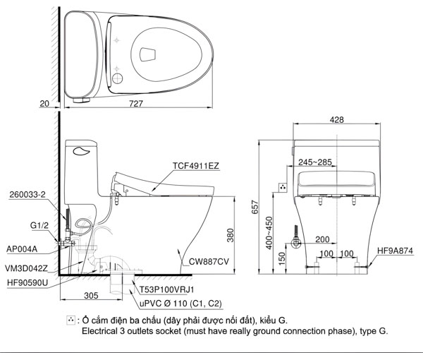 ban-ve-bon-cau-1-khoi-ms887crw12-nap-rua-dien-tu-washlet-dong-s7 bản vẽ bồn cầu 1 khối MS887CRW12 nắp rửa điện tử WASHLET dòng S7