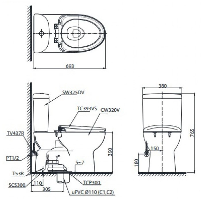 ban-ve-bon-cau-toto-cs325drt10 Bản vẽ kỹ thuật xí bệt TOTO CS 325DRT10