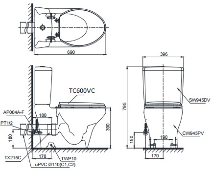 ban-ve-bon-cau-toto-cst945pdt8 Bản vẽ kỹ thuật bàn cầu xí bệt TOTO CS945PDT8