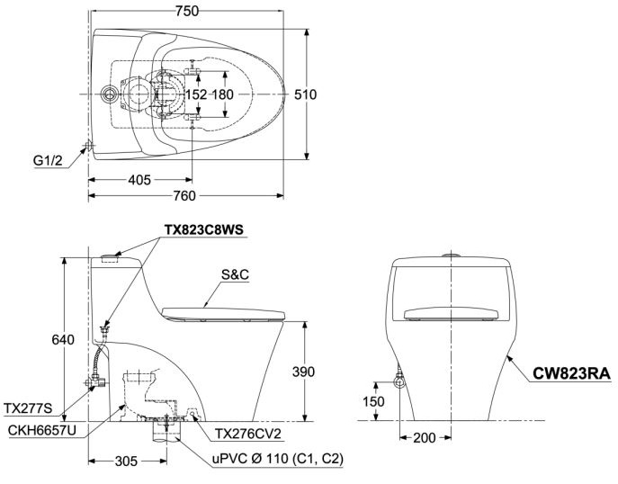 ban-ve-bon-cau-toto-ms823raw11 Bản vẽ bồn cầu MS823 nắp TCF4911Z