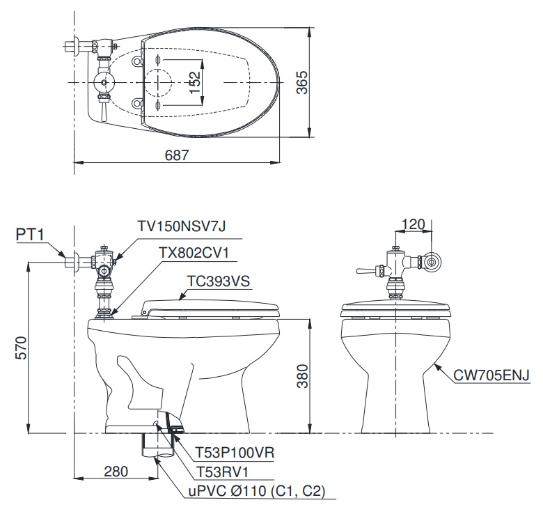 ban-ve-bon-cau-toto Bản vẽ kỹ thuật xí bệt CW705ENJ/TV150NSV7J