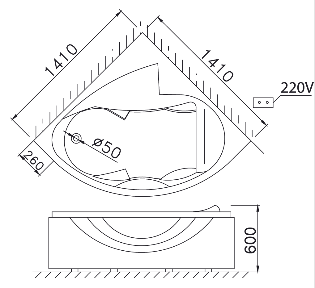 ban-ve-bon-tam-caesar-mt5140 Bản vẽ kỹ thuật bồn tắm góc massage Caesar MT5140 1.4M có chân yếm