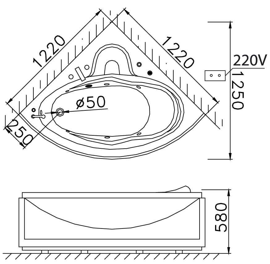 ban-ve-bon-tam-goc-caesar-at5120a bản vẽ bồn tắm Caesar AT5120 có chân yếm