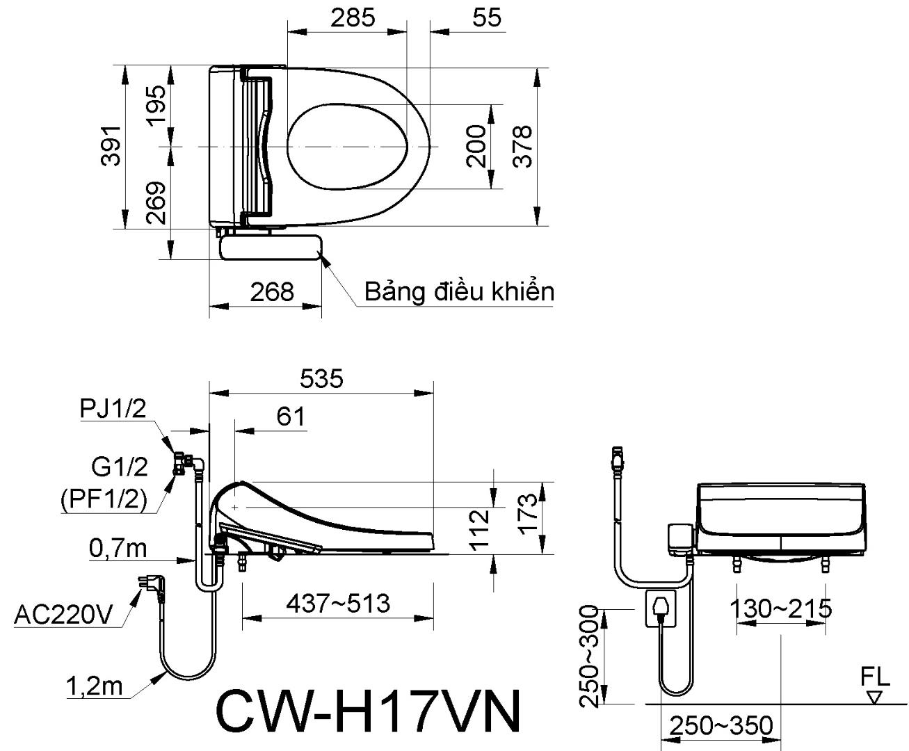 ban-ve-inax-cw-h17vn Bản vẽ kích thước nắp Inax CW-H17 VN
