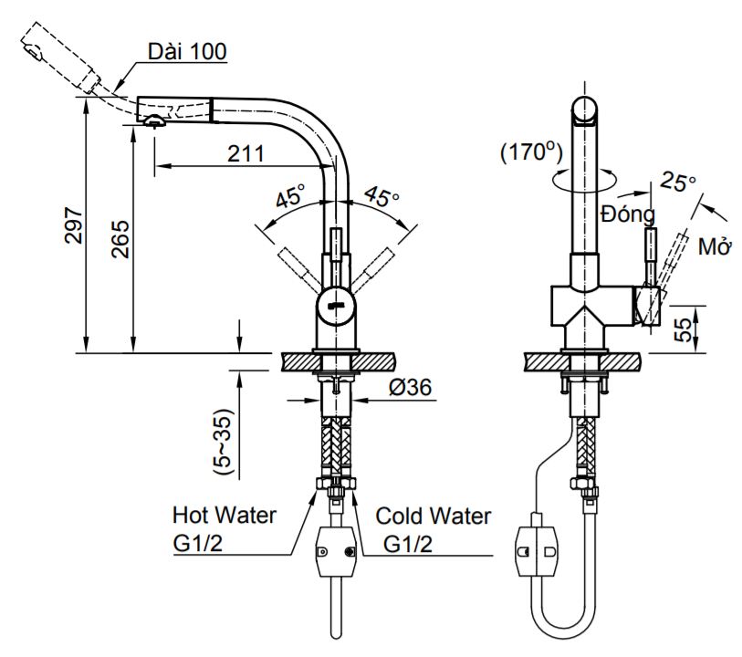 ban-ve-inax-sfv-1013sx Bản vẽ kỹ thuật vòi bếp nóng lạnh INAX SFV-1013SX