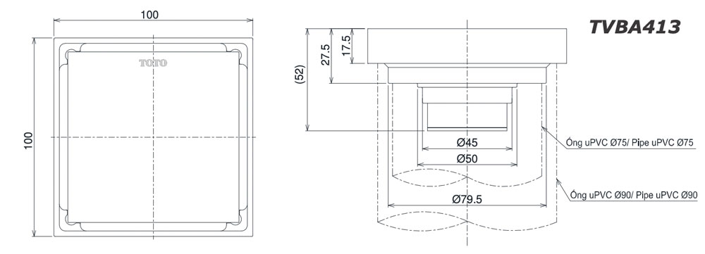 Phễu thoát sàn TOTO TVBA413 14 Bản vẽ kĩ thuật Phễu thoát sàn TOTO TVBA413