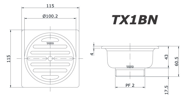 Phễu thoát sàn TOTO TX1BN 10 Bản vẽ kĩ thuật Phễu thoát sàn TOTO TX1BN