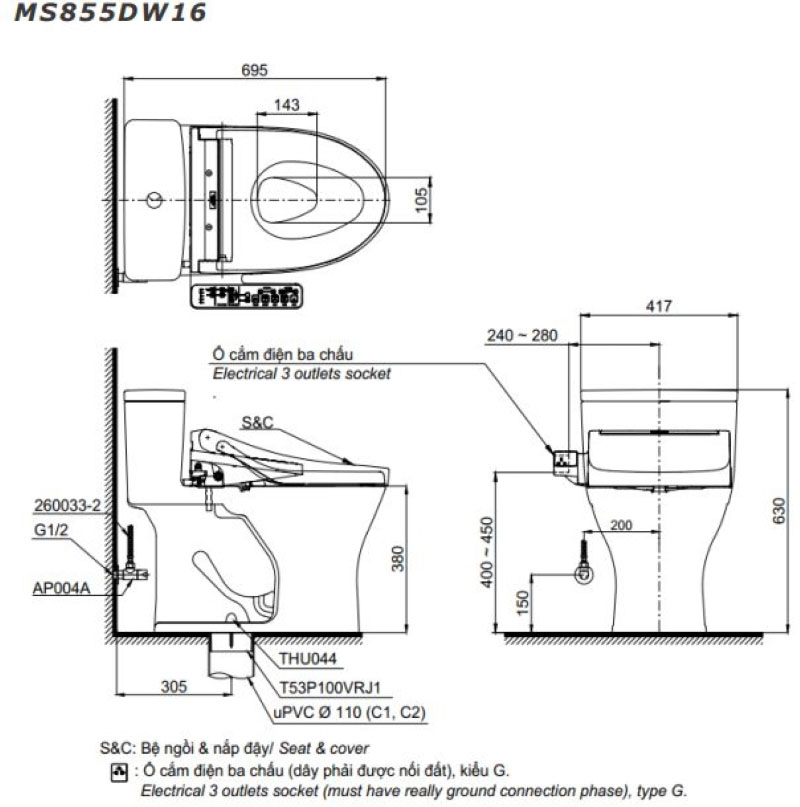 ban-ve-ky-thuat-cua-bon-cau-mot-khoi-kem-nap-rua-dien-tu-washlet-dong-c2-toto-ms885dw16 Bồn cầu một khối kèm nắp rửa điện tử WASHLET dòng C2 TOTO MS885DW16