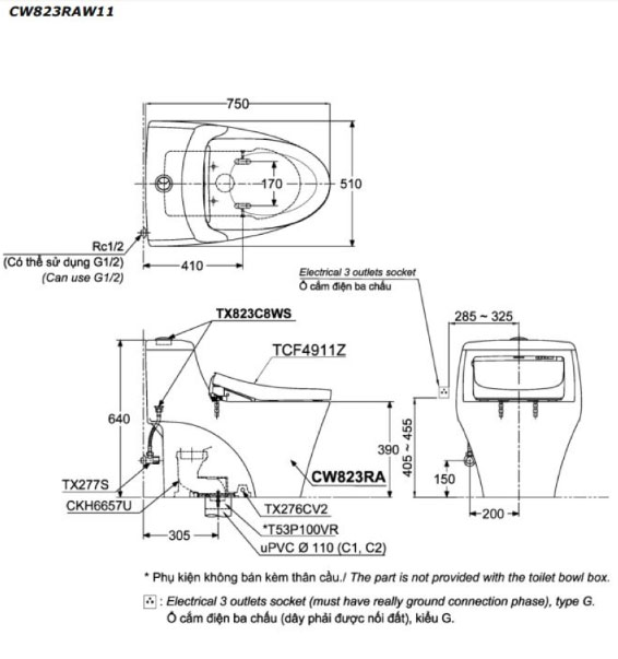 ban-ve-ky-thuat-cua-bon-cau-mot-khoi-washlet-dong-s7-toto-cw823raw11 Bồn cầu một khối WASHLET dòng S7 TOTO CW823RAW11