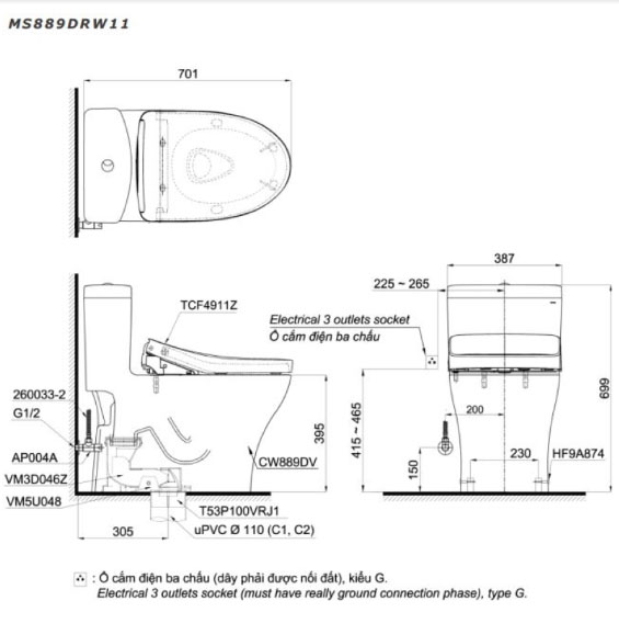 ban-ve-ky-thuat-cua-bon-cau-mot-khoi-washlet-dong-s7-toto-ms889drw11 Bồn cầu một khối WASHLET dòng S7 TOTO MS889DRW11