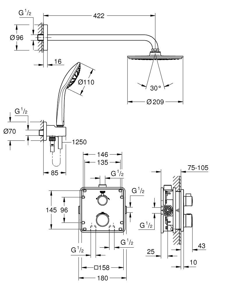 ban-ve-sen-am-tuong-grohe-34734000 Bản vẽ kích thước sen tắm thông minh âm tường Grohe Perpect 34734000