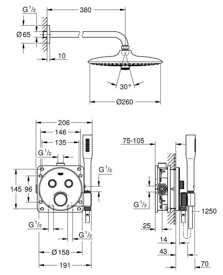 ban-ve-sen-am-tuong-grohe-34744000 Bản vẽ kích thước sen tắm thông minh âm tường Grohe SmartControl 34744000