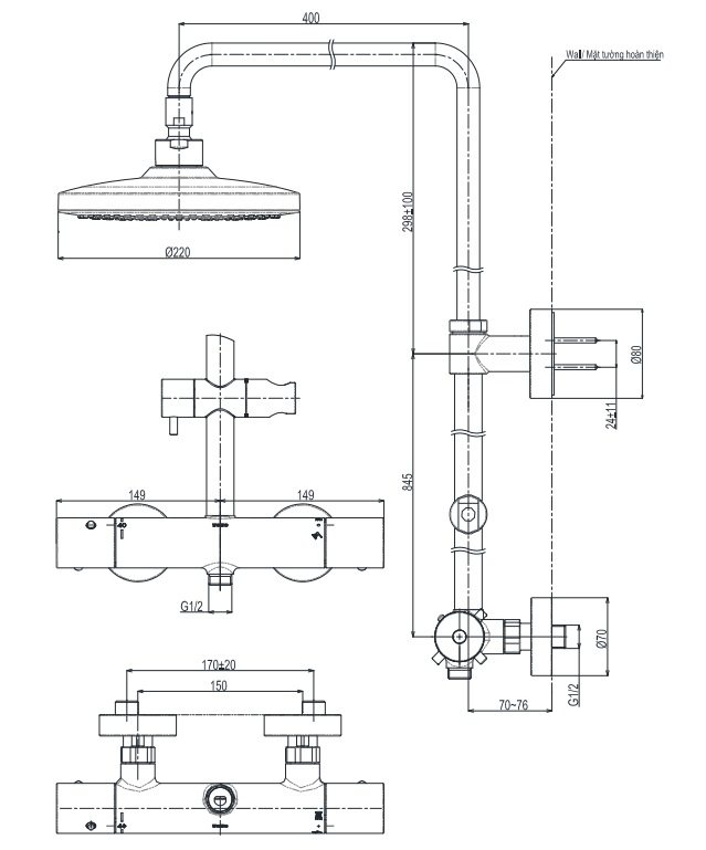 ban-ve-sen-cay-toto-tbw01402aa Bản vẽ kích thước sen cây liền khối TOTO TBW01402AA