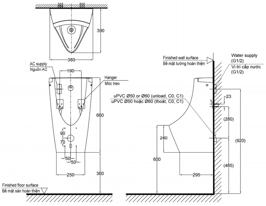 ban-ve-tieu-nam-toto-usnw902asv Bản vẽ kỹ thuật chậu tiểu nam TOTO USWN 902 cảm ứng treo tường