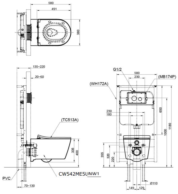 ban-ve-toto-cw542me5unw1 Bản vẽ kỹ thuật bồn cầu két âm Toto CW542 ME3UNW1