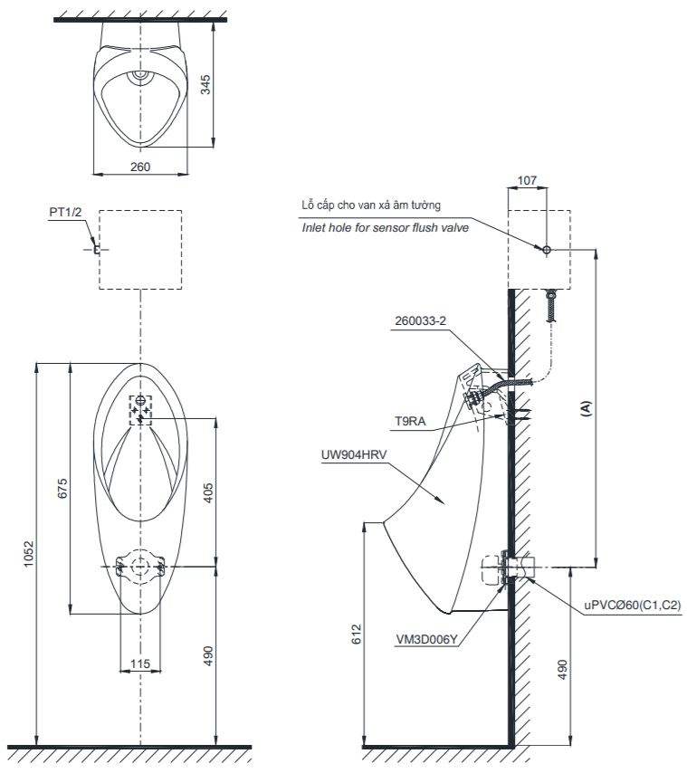 ban-ve-toto-ut904hr Bản vẽ bồn tiểu nam TOTO UT904HR