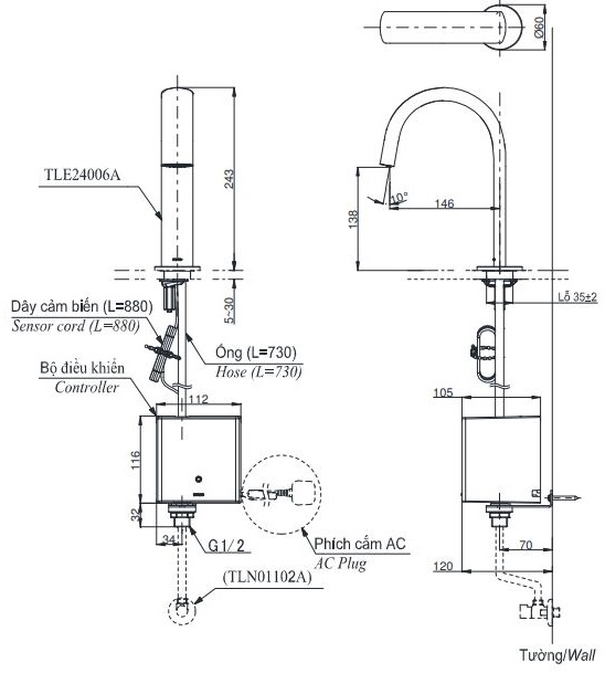 ban-ve-voi-cam-ung-toto-tle24006a Bản vẽ vòi tự động TOTO TLE24006A