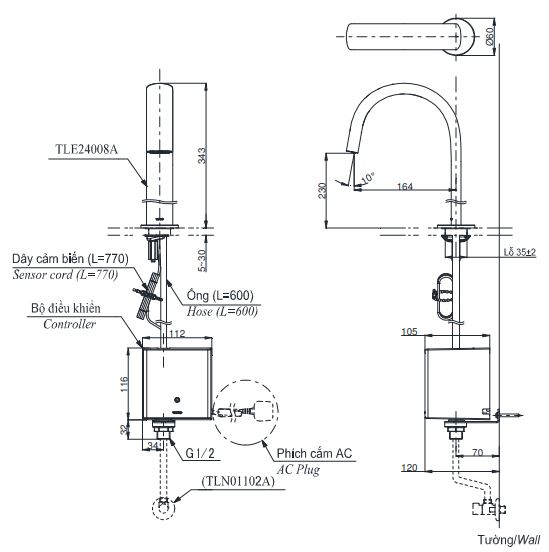 ban-ve-voi-cam-ung-toto-tle24008a Bản vẽ vòi tự động TOTO TLE24008A