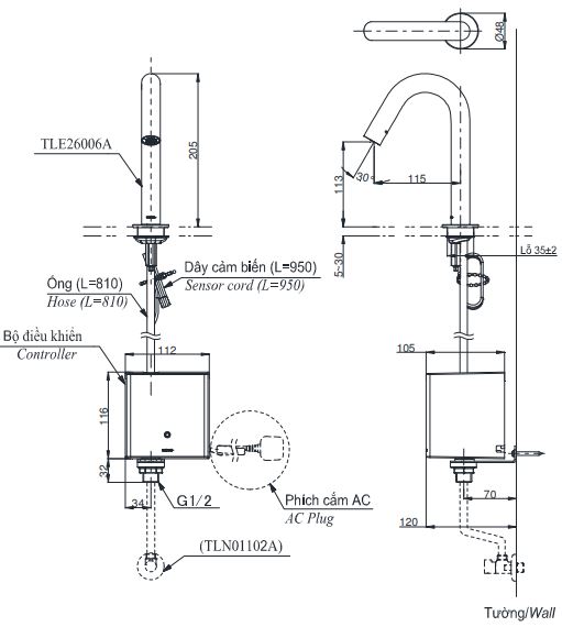 ban-ve-voi-cam-ung-toto-tle26006a Bản vẽ vòi tự động TOTO TLE26006A