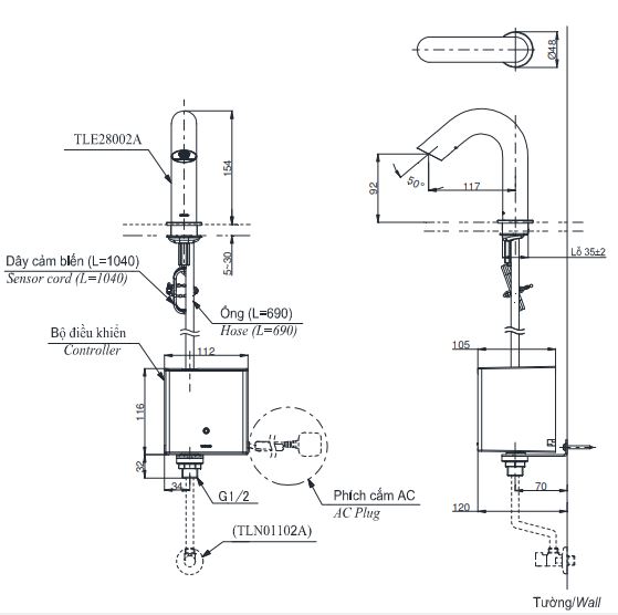ban-ve-voi-cam-ung-toto-tle28002a Bản vẽ vòi tự động TOTO TLE28002A