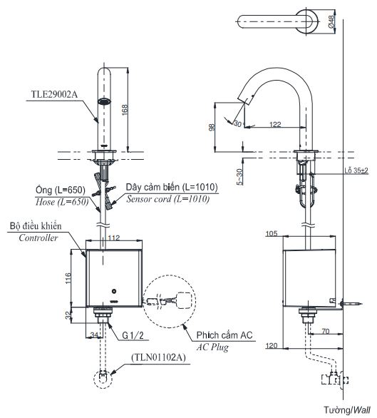 ban-ve-voi-cam-ung-toto-tle29002a Bản vẽ vòi tự động TOTO TLE29002A