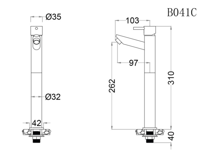Bản vẽ kỹ thuật vòi chậu lavabo cổ cao Caesar B 041CU