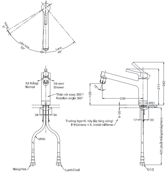 ban-ve-voi-rua-chen-toto-tks05303j Bản vẽ kích thước vòi rửa chén TKS05303J TOTO