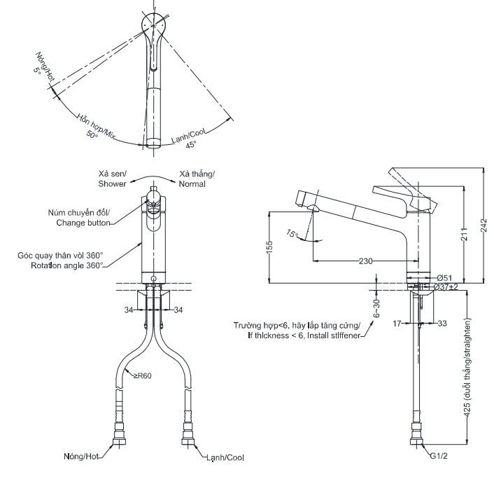 ban-ve-voi-rua-chen-toto-tks05304j Bản vẽ kích thước vòi rửa chén TKS05304J TOTO