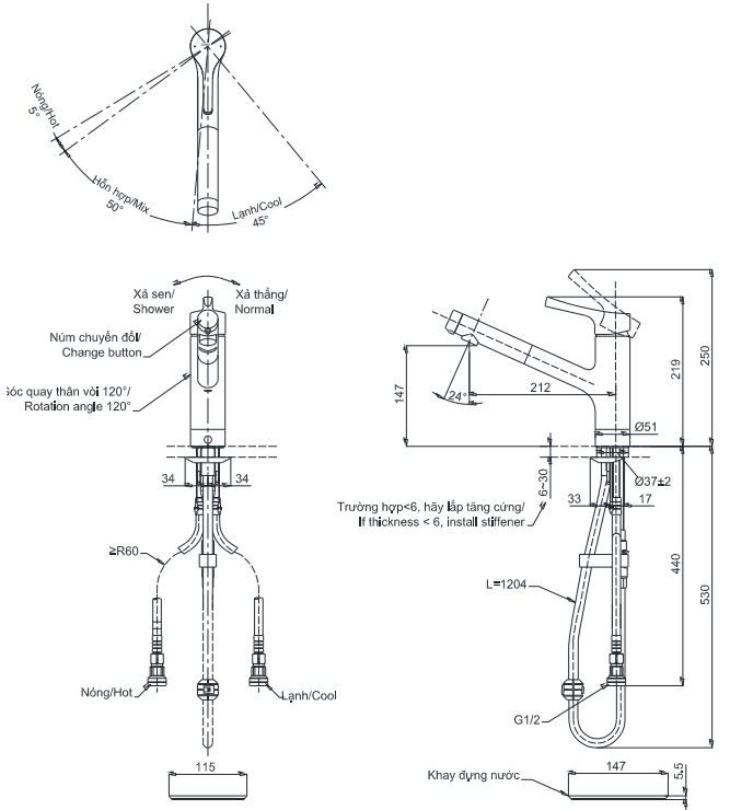 ban-ve-voi-rua-chen-toto-tks05305ja Bản vẽ kích thước vòi rửa chén TKS05305JA TOTO
