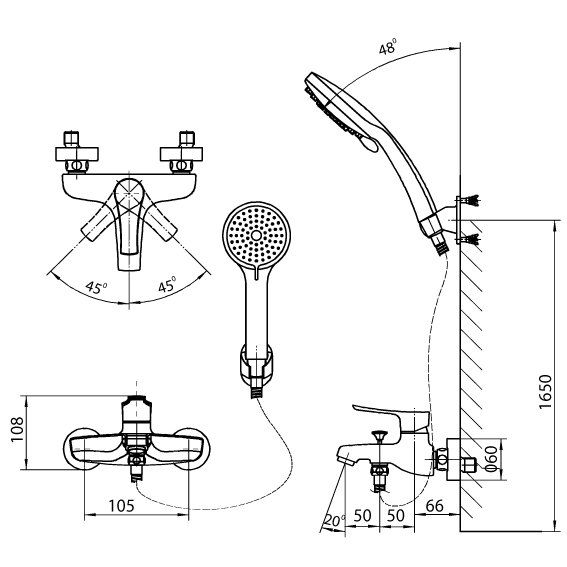 ban-ve-voi-sen-inax-bfv-313s Bản vẽ kỹ thuật Vòi sen tắm nóng lạnh INAX BFV-313S