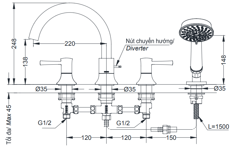 ban-ve-voi-toto-tbs02202b Bản vẽ sen tắm xả bồn TBS01202B có tay sen cầm tay