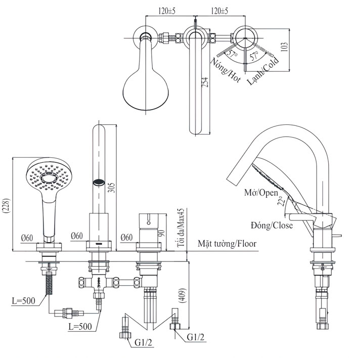 ban-ve-voi-xa-bon-tam-tbg11305a-kem-sen-tam-gf-3-lo ảnh 2d vòi xả bồn tắm TBG11305A kèm sen tắm GF 3 lỗ