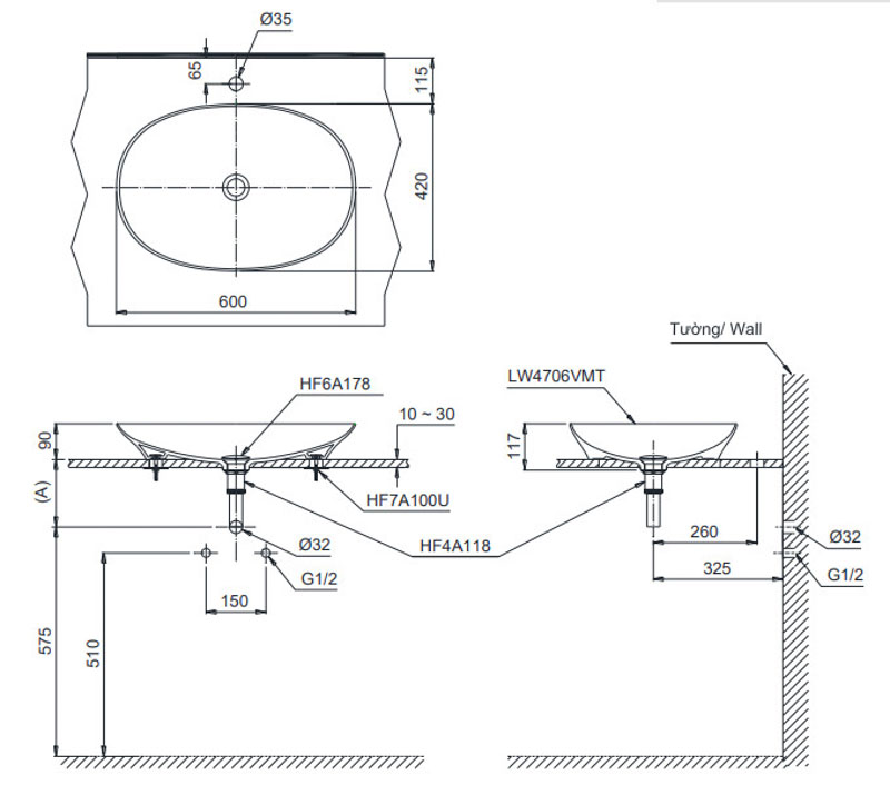 Bản vẽ 2D chậu rửa mặt đặt bàn TOTO LT4706MTCMW Bản vẽ 2D của chậu rửa mặt đặt bàn TOTO LT4706MTCMW