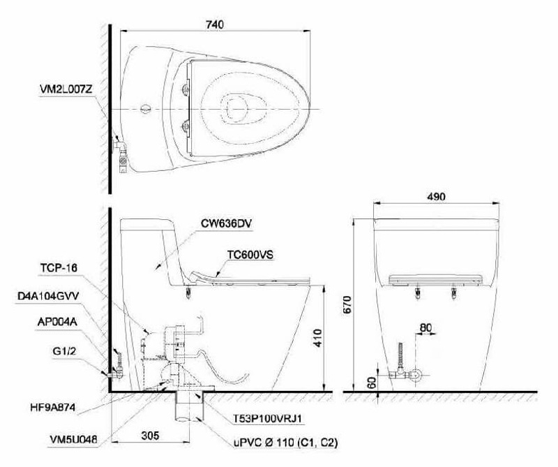 Hình ảnh bệ vệ sinh một khối chính hãng, nắp đóng êm nhẹ TC600VS Hình ảnh bệ vệ sinh một khối, nắp đóng êm nhẹ TC600VS