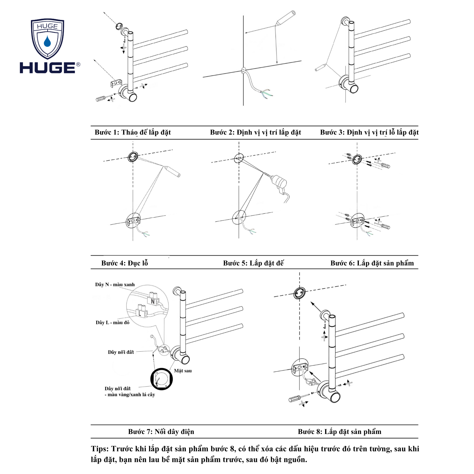 Hướng dẫn lắp đặt Giàn sấy khăn H-GSK25-M1 Hướng dẫn lắp đặt Giàn sấy khăn H-GSK25-M1