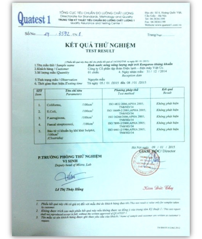 Kết quả chứng nhận thử nghiệm công nghệ Nano kháng khuẩn Kết quả chứng nhận thử nghiệm công nghệ Nano kháng khuẩn