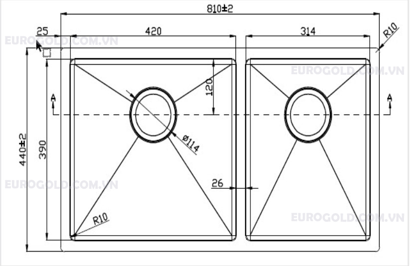 kich-thuoc-chau-rua-bat-eus68144 Hình ảnh kĩ thuật chậu rửa bát Eus68144