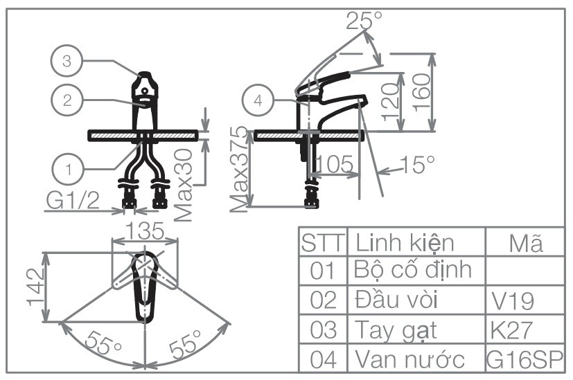 Bản vẽ kỹ thuật vòi lavabo VG 102