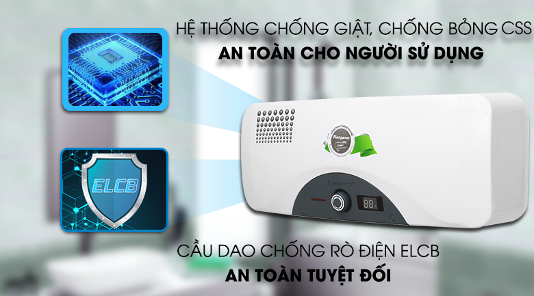 Hệ thống đồng bộ TSS chống giật và cầu dao chống rò điện ELCB - Máy nước nóng Kangaroo 22 lít KG 72A2 Hệ thống đồng bộ TSS chống giật và cầu dao chống rò điện ELCB - Máy nước nóng Kangaroo 22 lít KG 72A2