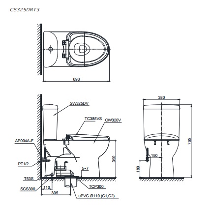 toto-cst325dsa bản vẽ bồn cầu TOTO CS325DRT3 thùng nước S3250