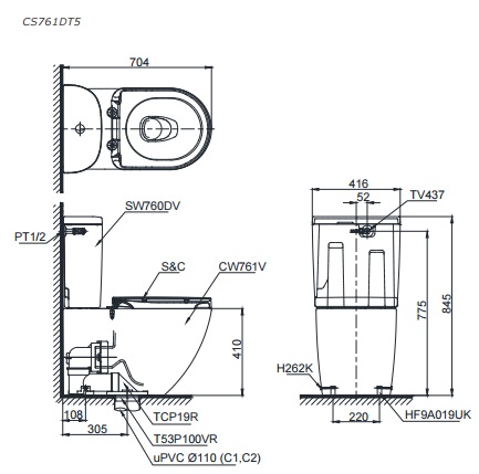 toto-cst761drsa Bản vẽ kích thước bồn cầu thân D TOTO CS761DT5#XW