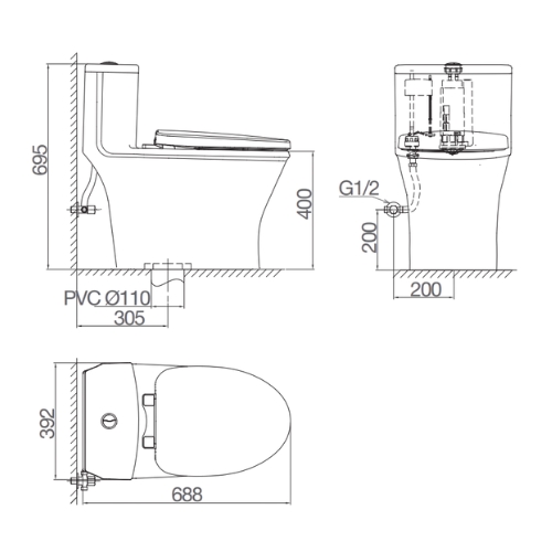 v803-bvkt Bản vẽ kỹ thuật bồn cầu 1 khối nắp êm Viglacera V803 (+ vòi xịt VG826)
