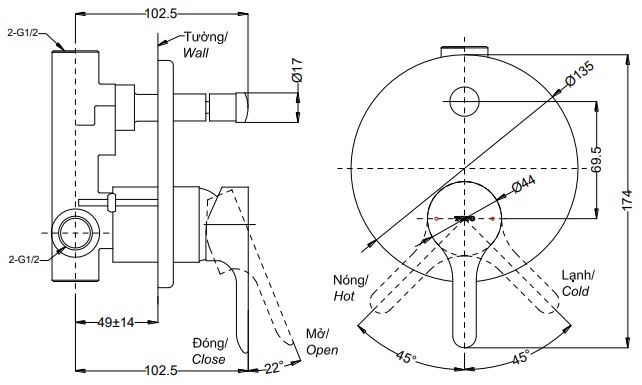 Bản vẽ van TOTO TBS01304B nóng lạnh kèm nút chuyển hướng