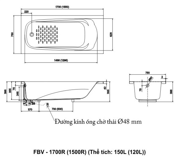 y-1 Bản vẽ kỹ thuật Bồn tắm INAX FBV-1700R