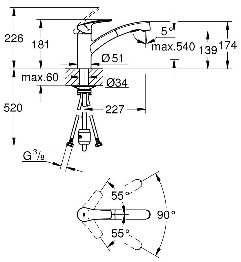 ban-ve-voi-rua-chen-grohe-30305001 Bản vẽ kích thước vòi bếp 30305001 Grohe rút dây
