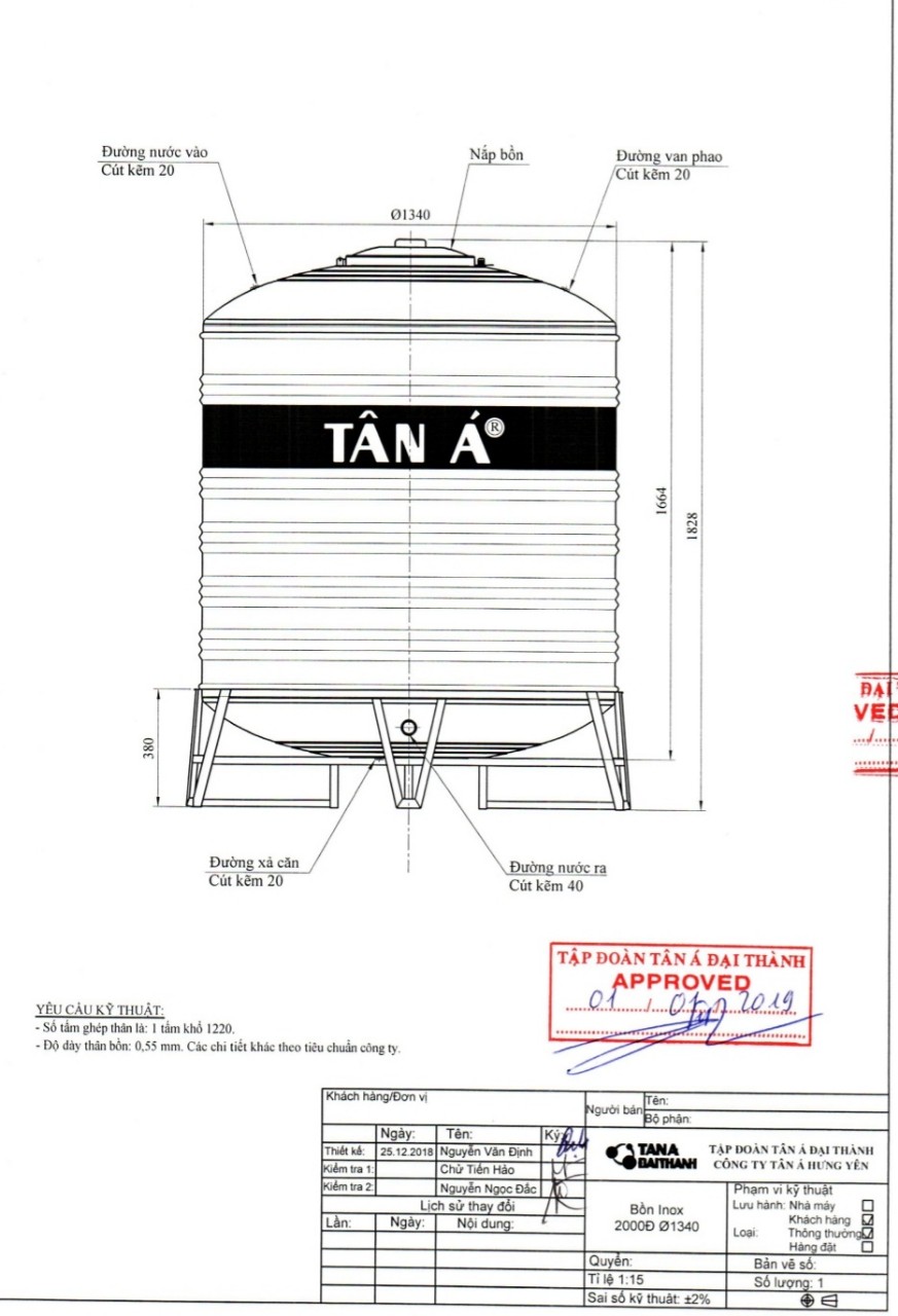 bồn nước tân á 2000l đứng Bản vẽ kỹ thuật bồn nước inox 2000l đứng - Fi 1340