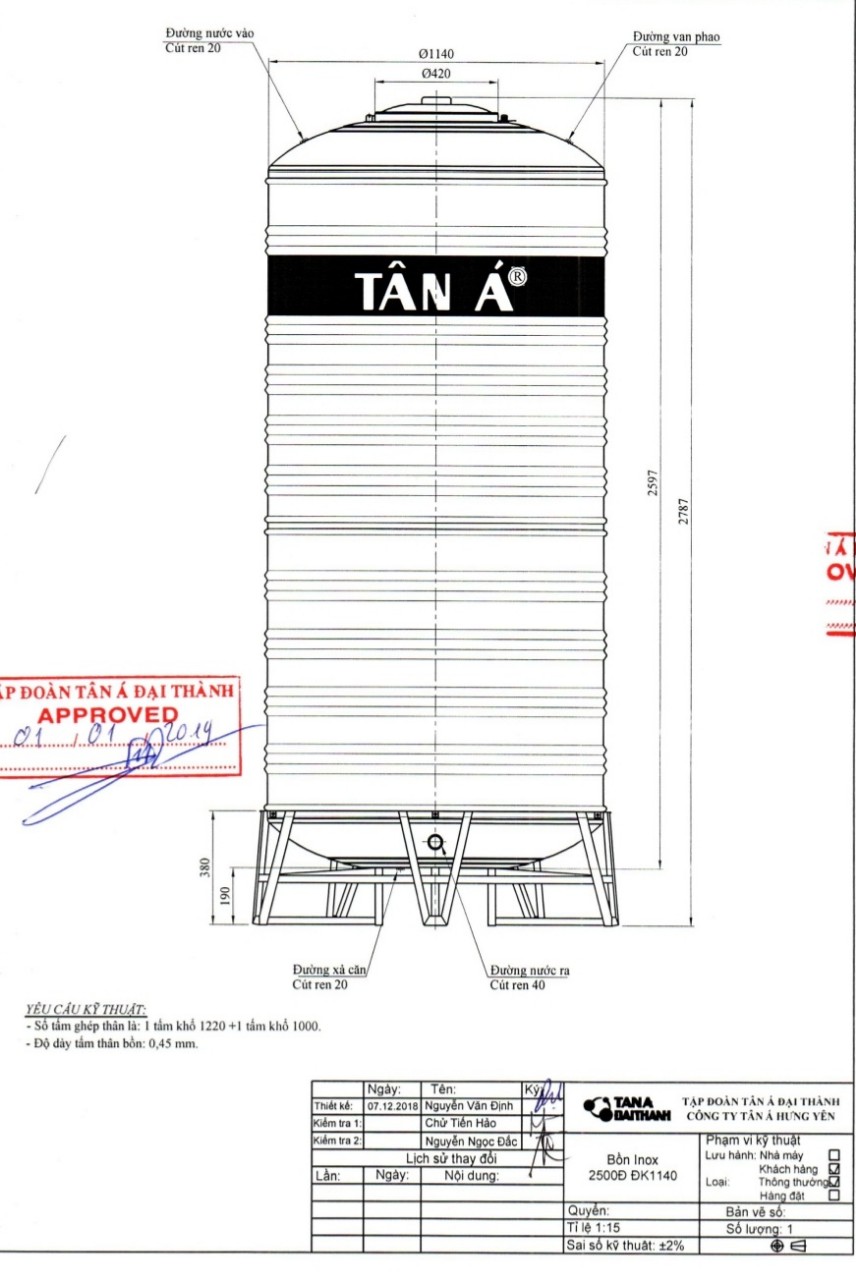 bồn nước tân á 2500 lít Bản vẽ bồn kỹ thuật bồn nước inox 2500l đứng-F1140